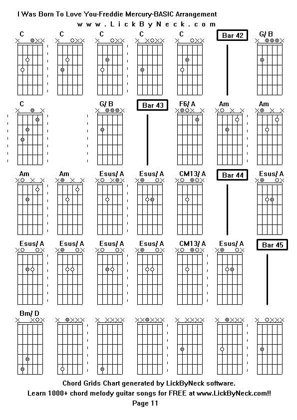 Chord Grids Chart of chord melody fingerstyle guitar song-I Was Born To Love You-Freddie Mercury-BASIC Arrangement,generated by LickByNeck software.